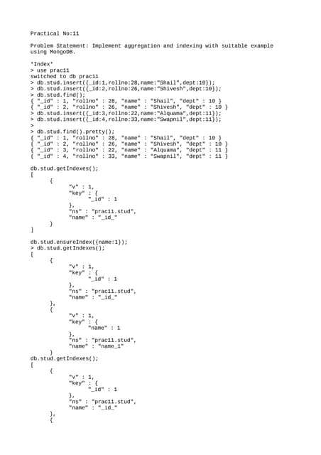 aggregation and indexing with suitable example using MongoDB.