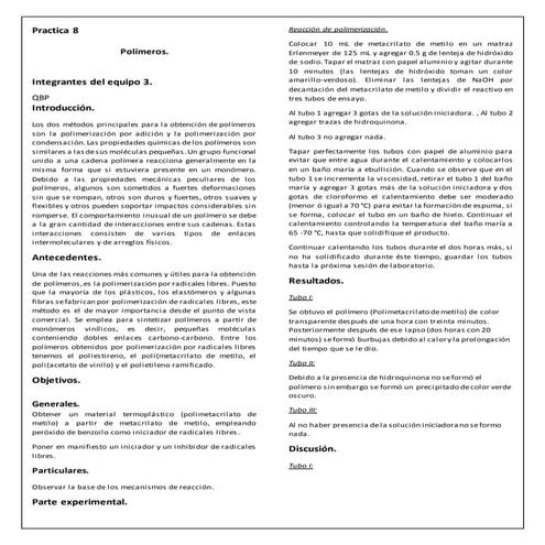 practica 8 Síntesis de polimetacrilato de metilo