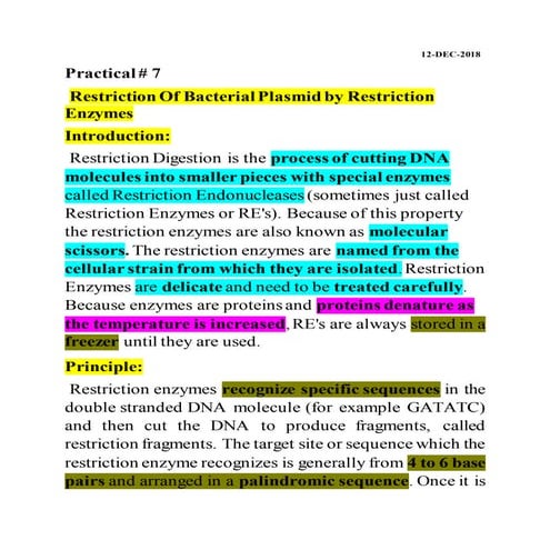 Restriction of bacterial plasmid by Restriction Enzymes Practical