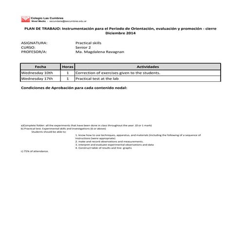Practical skills 2do    plan de trabajo - dic 2014