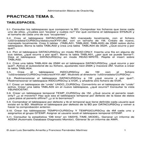 Practicas tablespaces tema5 oracle tablespace | PDF