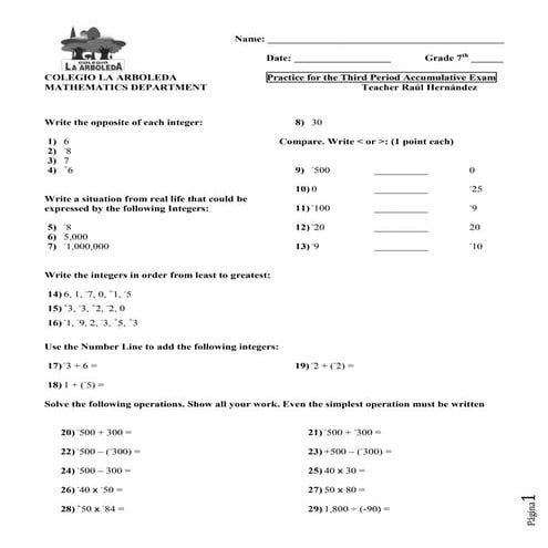Practice Accum Exam 3rd Period 7th