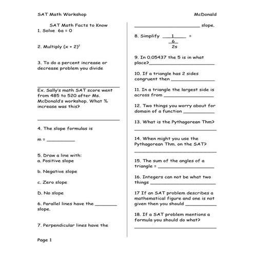 Sat Math Practice Worksheets Sat Math Prep Worksheets | TPT
