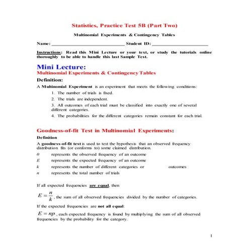 Practice Test 5B Multinomial Experiments and Contingency Tables | DOCX