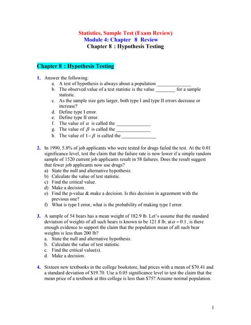 Practice Test Ch 8 Hypothesis Testing