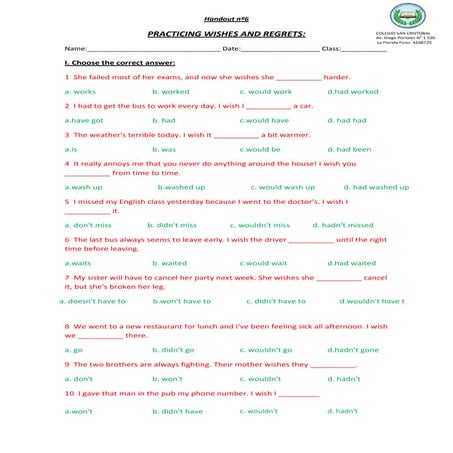 Practicing wish and regret handout