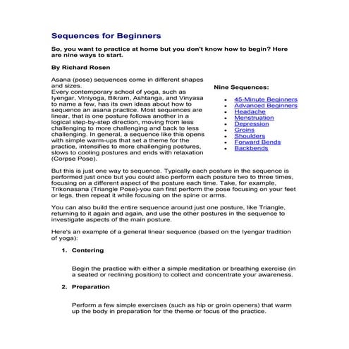 Practicing yoga at home, a sequences for beginners 15 pgs