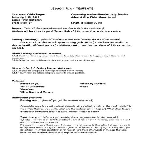 Practicum Dictionary Lesson Plan | DOC