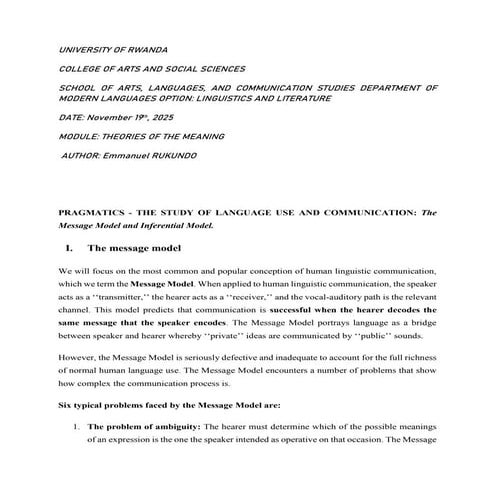 PRAGMATICS: THE MESSAGE MODEL & INFERENTIAL MODEL AS THE MODELS OF LINGUISTIC COMMUNICATIONS - RUKUNDO Emmanuel