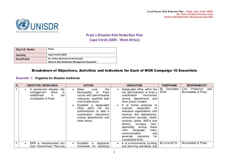 Praia S Disaster Risk Reduction Plan Unisdr