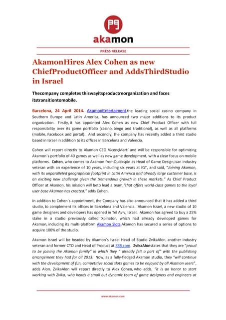 Pr akamon hires alex cohen as new chief product officer and adds third studio in israel