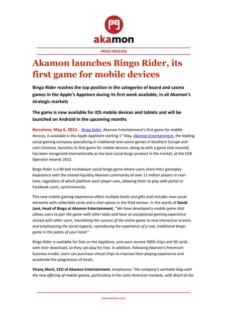 Akamon launches bingo rider, its first game for mobile devices