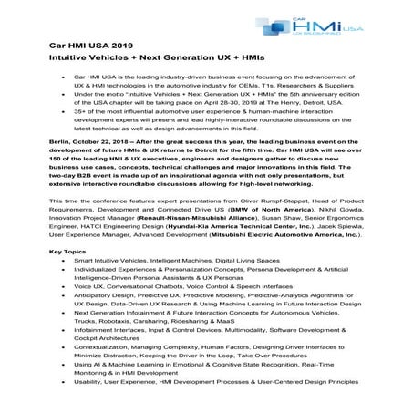 Car HMI USA 2019 - Intuitive Vehicles + Next Generation UX + HMIs