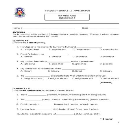 English Year 4 Paper 1 | DOCX