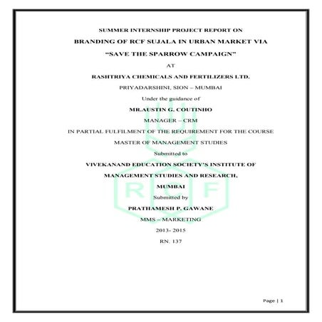 SIP - BRANDING of RCF via “SAVE THE SPARROW CAMPAIGN”