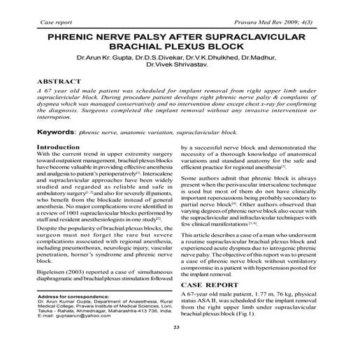 Phrenic Nerve Palsy after Supraclavicular Block