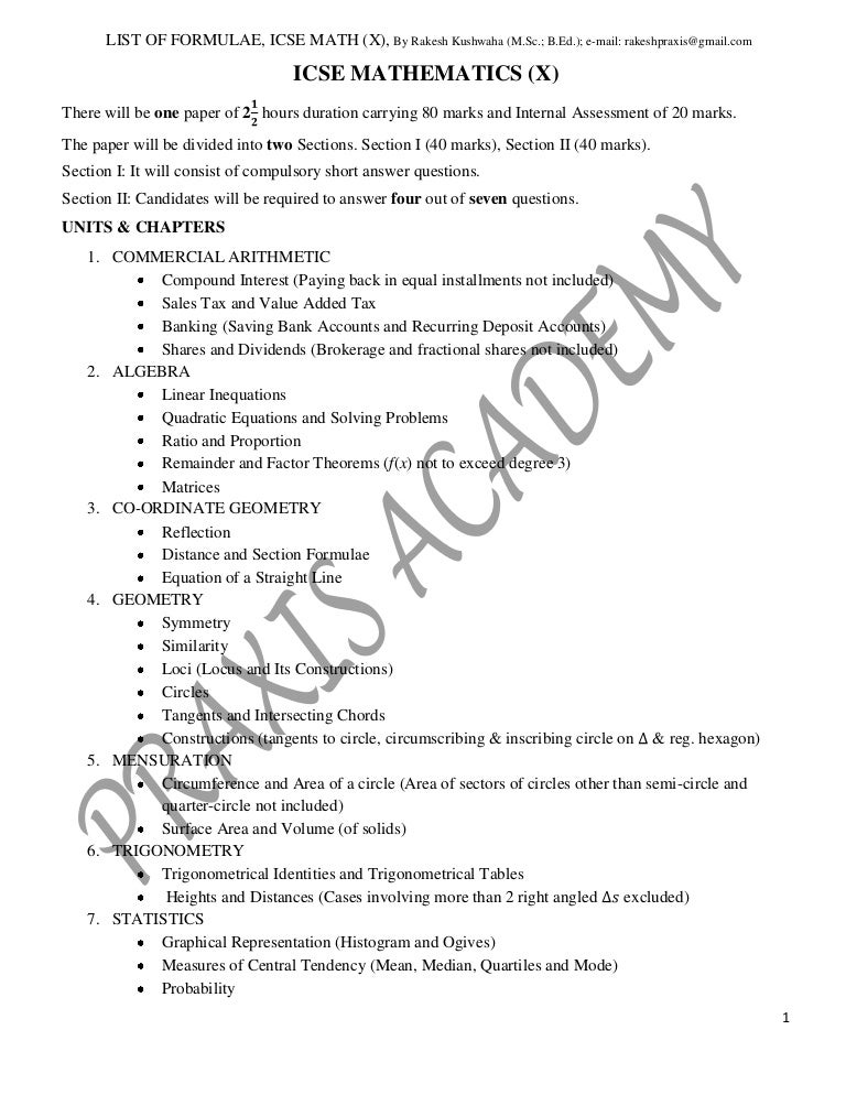 Mathematics Formula Chart 7th Grade