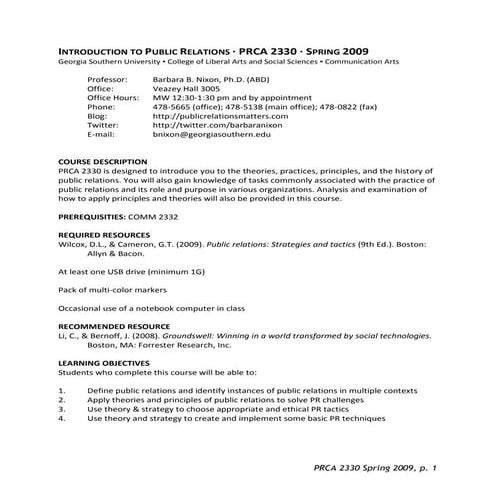 PRCA 2330 Spring 2009 Syllabus