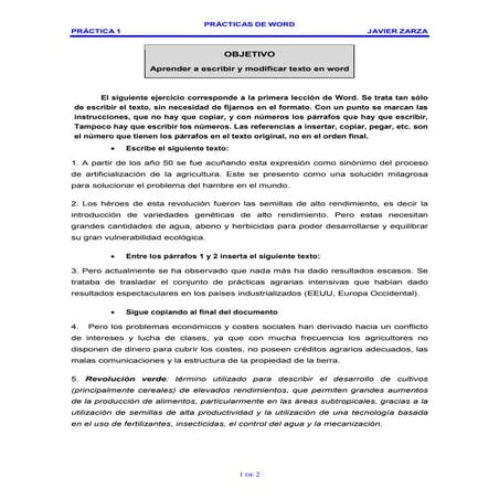 Práctica 1 de word: Aprender a escribir y modificar texto en word | PDF