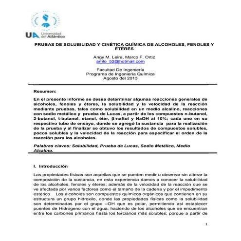 Reacciones Generales de Alcoholes, Fenoles y Éteres.
