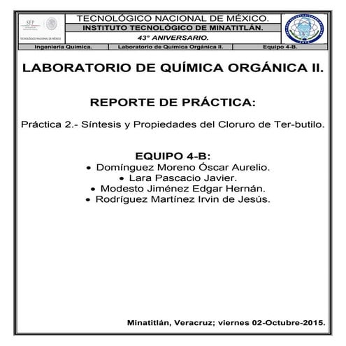 Reporte de Práctica-Síntesis y Propiedades del Cloruro de Terc-butilo.