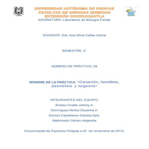 Práctica 6  Crenación, Hemólisis, Plasmólisis y Turgencia