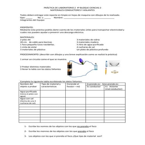 Práctica de laboratorio materiales conduc y aislantes 4 bim fisica
