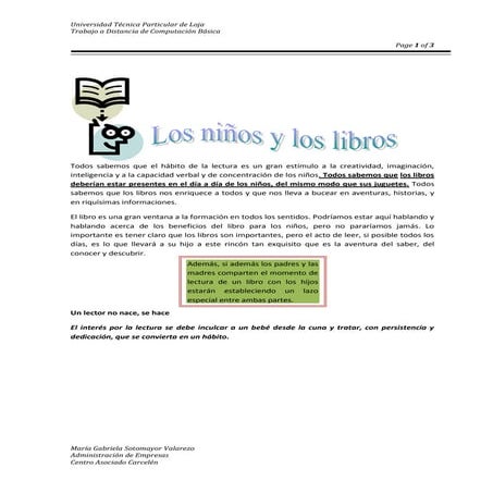 Importancia de la lectura en niños y niñas | PDF