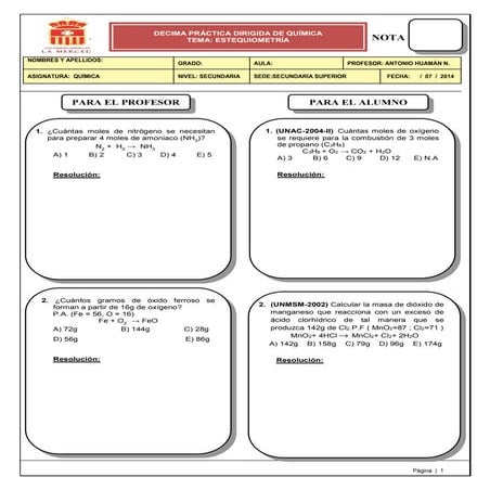 Práctica dirigida   (estequiometria )_)