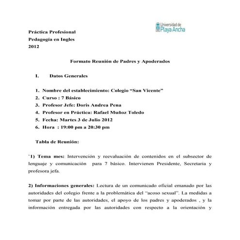 Práctica profesional   informe de  reunion de padres