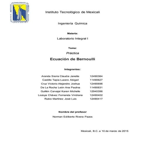 Práctica VIII Ecuación de Bernoulli