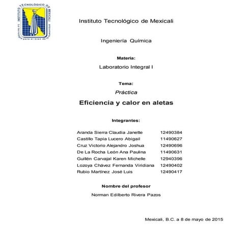 Práctica XIV Determinación de eficiencia y calor en aletas