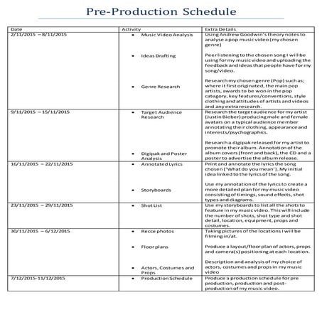Pre production schedule