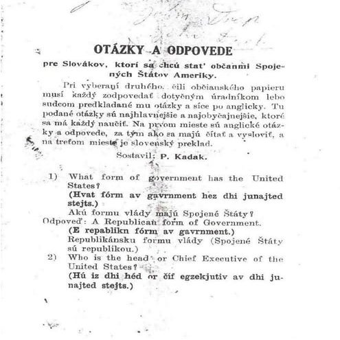 Pre 1913 slovak american study guide for citizenship