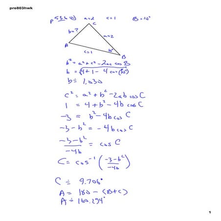 preCalculus 803 Law of Cosines HWK! | PDF