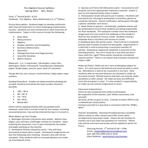 PreAlgebra Course Syllabus