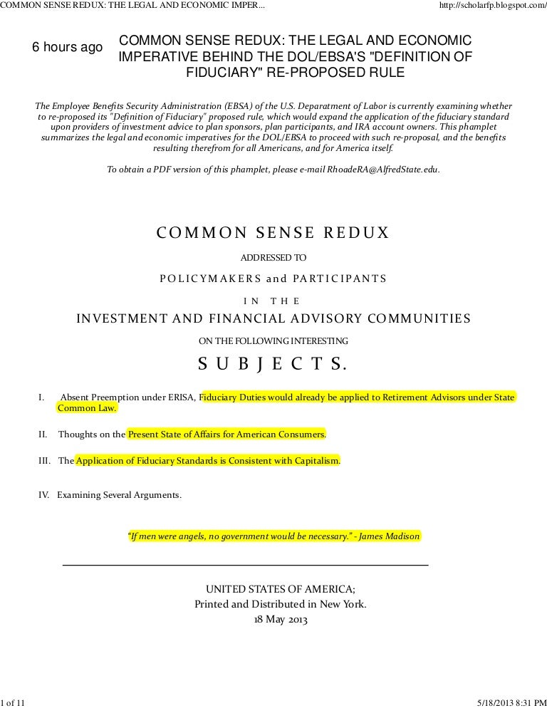 Preamble To A Single Fiduciary Standard For Financial Advisors