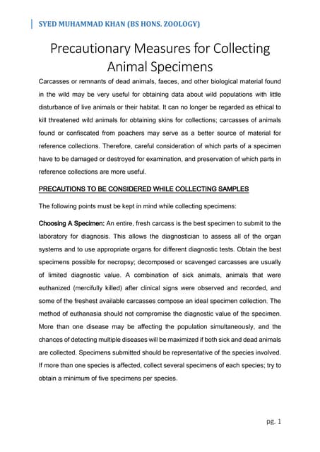 Precautionary Measures for Collecting Animal Specimens