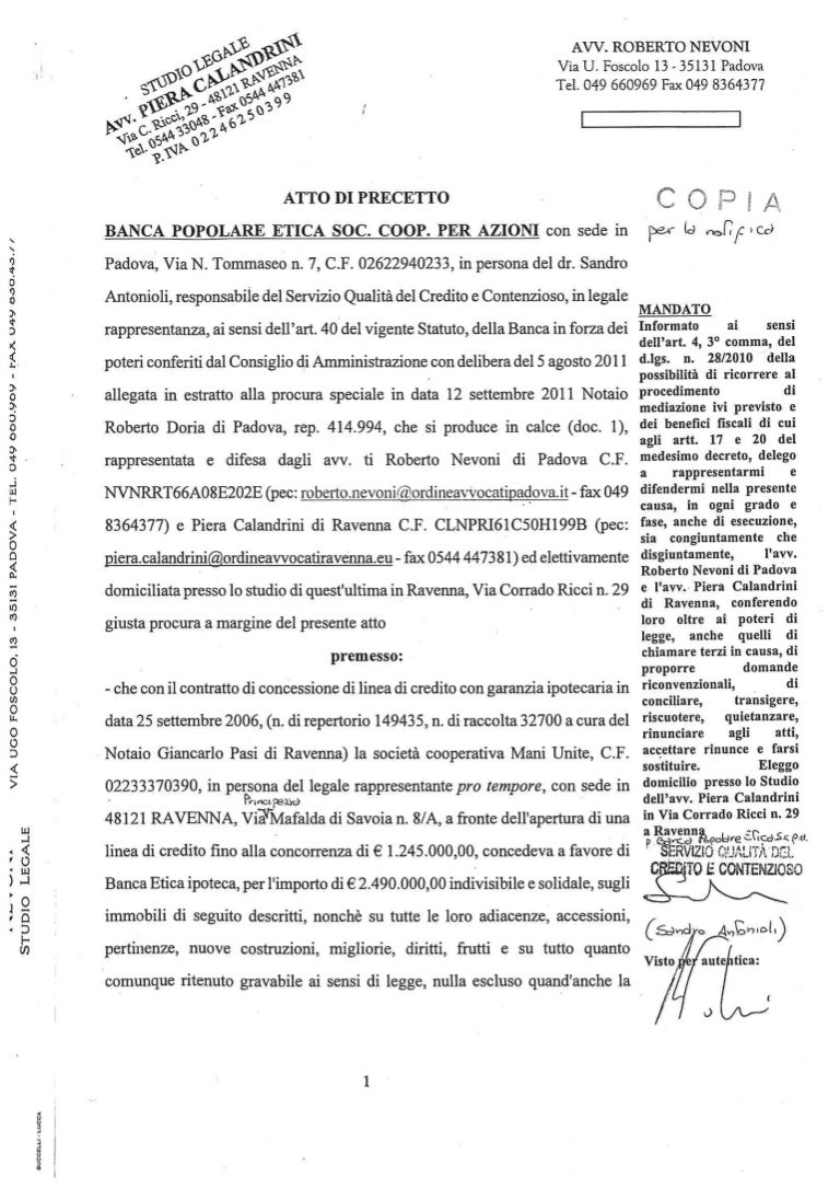Precetto Banca Nei Confronti Della Coop Mani Unite