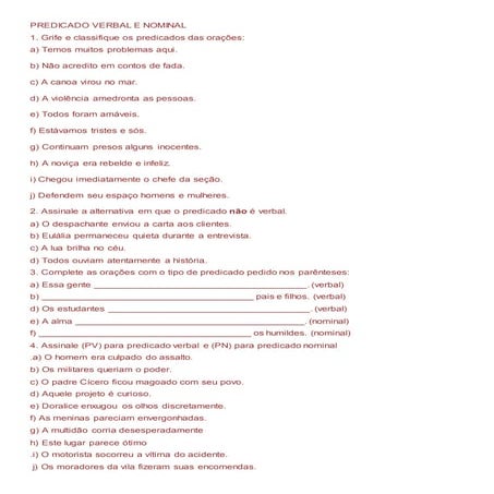 Predicado verbal e nominal | DOCX