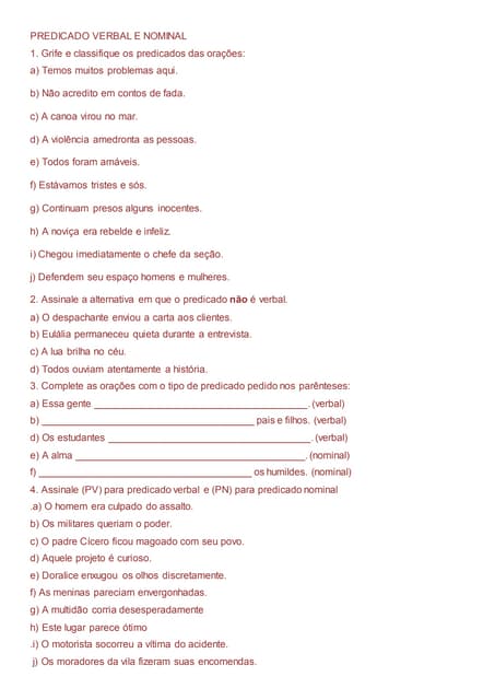Predicado verbal e nominal | DOCX