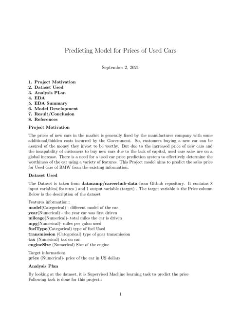 Predicting model for prices of used cars