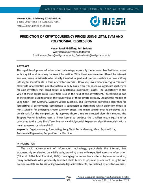 Prediction Of Cryptocurrency Prices Using Lstm, Svm And Polynomial Regression...