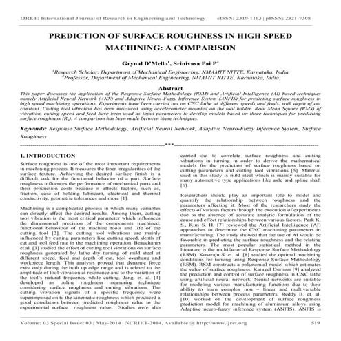 Prediction of surface roughness in high speed machining a comparison