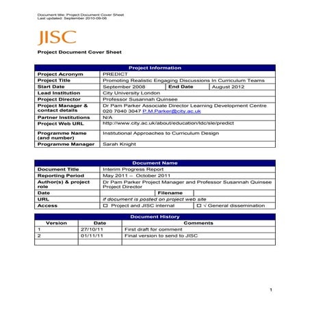 PREDICT Project Interim Report Oct 2011
