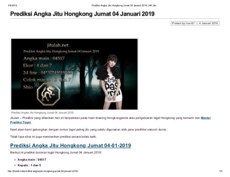 Prediksi Angka Jitu Hongkong Jumat 04 Januari 2019 Hk Jitu