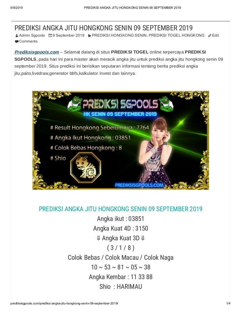 Prediksi Angka Jitu Hongkong Senin 09 September 2019
