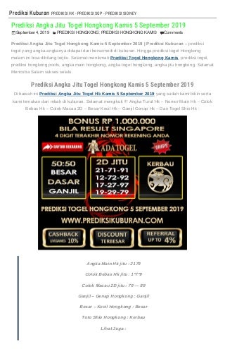 "Prediksi Angka Jitu Togel Hongkong Kamis 5 September 2019"