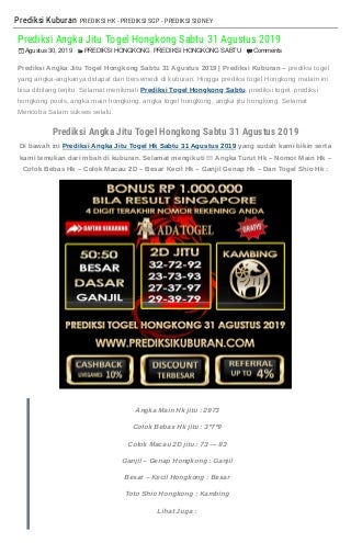 "Prediksi Angka Jitu Togel Hongkong Sabtu 31 Agustus 2019"