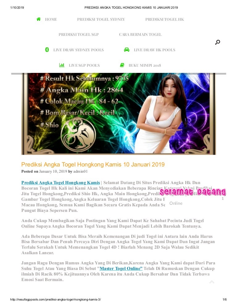 Prediksi Angka Togel Hongkong Kamis 10 Januari 2019